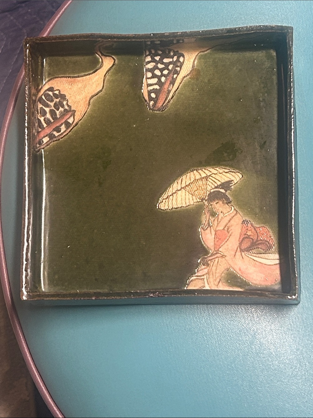 Hand-Painted Home Art Tray - Olive Green with Pink Accent